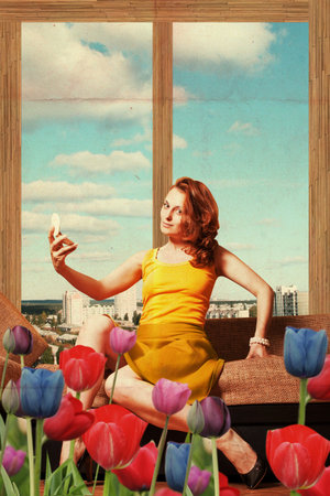 beautiful young woman in room with sky backgroundの写真素材