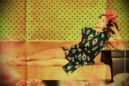 beautiful woman in retro room with fashion clothes, vintage patternの写真素材
