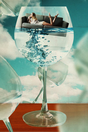 art collage with beautiful young woman, vintage imageの写真素材