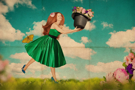 art collage with beautiful young woman, vintage patternの写真素材