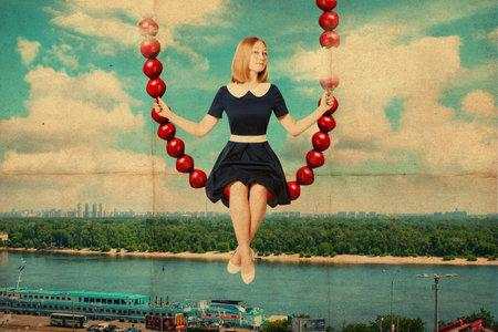 art collage with beautiful young woman, retro imageの写真素材