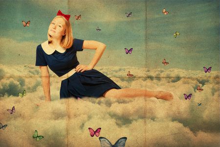 art collage. beauty oun woman on the sky, in clouds with butterflyの写真素材