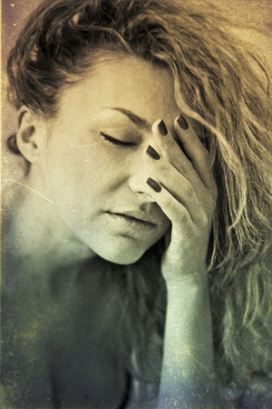 art portrait with beautiful young woman, vintage textureの写真素材