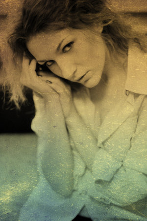 art portrait with beautiful young woman, vintage textureの写真素材