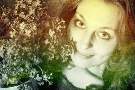 art portrait with beautiful young woman, vintage textureの写真素材