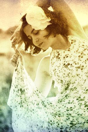 art portrait with beautiful young woman, vintage textureの写真素材