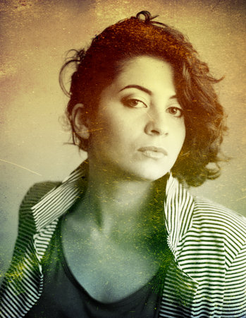 art portrait with beautiful young woman, vintage textureの写真素材