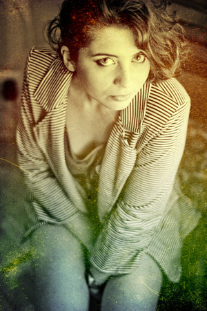 art portrait with beautiful young woman, vintage textureの写真素材