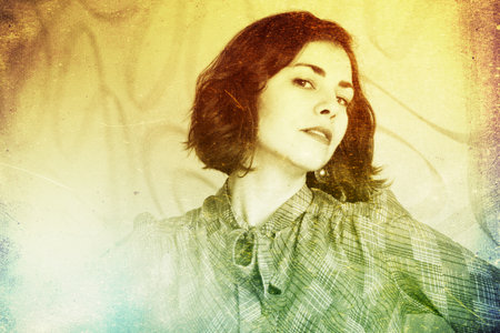 art portrait with beautiful young woman, vintage textureの写真素材