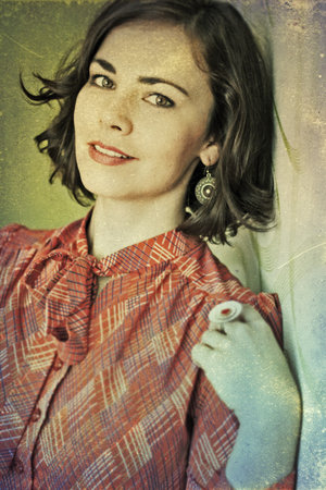 art portrait with beautiful young woman, vintage textureの写真素材