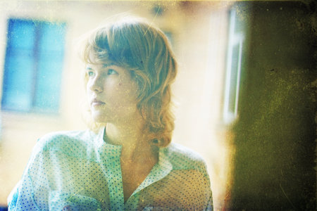 art portrait with beautiful young woman, vintage textureの写真素材