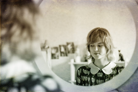 art portrait with beautiful young woman, vintage textureの写真素材