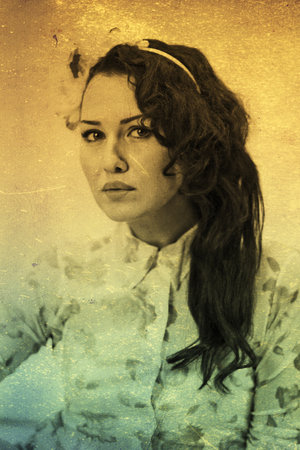 art portrait with beautiful young woman, vintage textureの写真素材