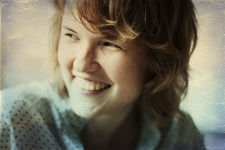 art portrait with beautiful young woman, vintage textureの写真素材