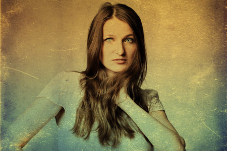 art portrait with beautiful young woman, vintage textureの写真素材