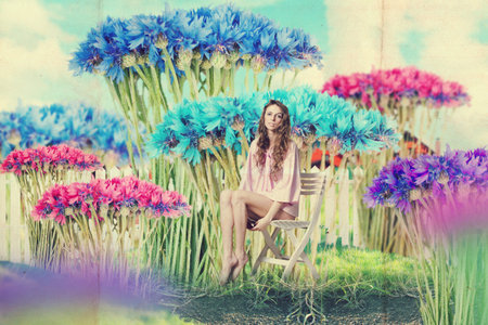 art collage with beautiful woman, vintageの写真素材