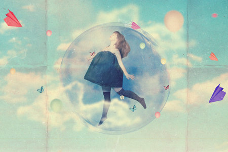 art collage with beautiful woman, vintage effectの写真素材