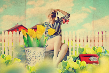 art collage with beautiful woman, vintageの写真素材