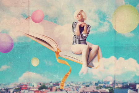 art collage with beautiful woman, vintage imageの写真素材