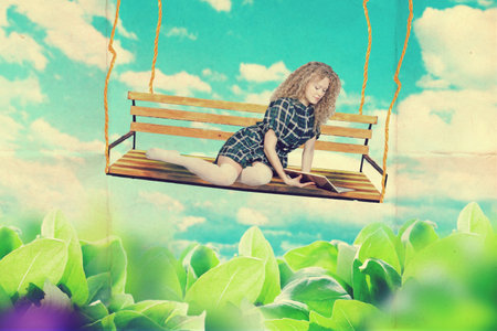 art collage with little girl with cake, vintageの写真素材