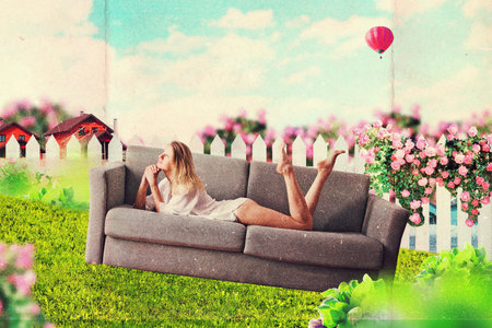 art collage with beautiful women in gardenの写真素材