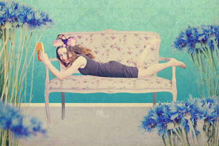 art collage with beautiful woman, retro styleの写真素材