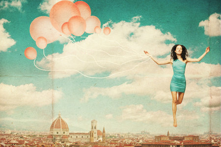 art collage with beautiful woman, retro style, fantasyの写真素材