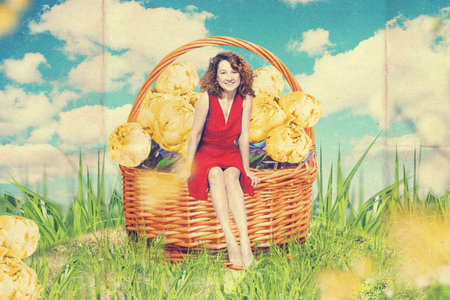 art collage with beautiful woman, retro style, fantasyの写真素材