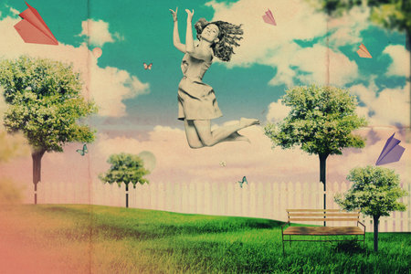 art collage with beautiful woman, retro style, fantasyの写真素材