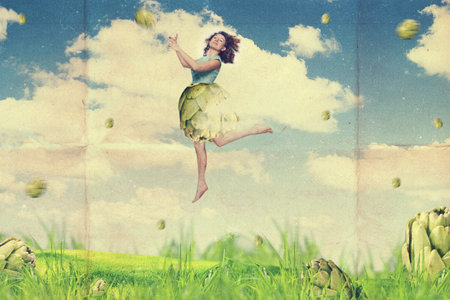 art collage with beautiful woman, retro style, fantasyの写真素材