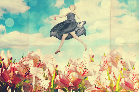art collage with beautiful woman, retro style, fantasyの写真素材