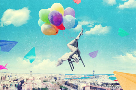 art collage with beautiful woman, retro style, fantasyの写真素材