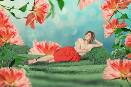 art vintage collage with beautiful woman, creative workの写真素材