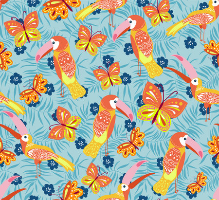 Vector illustration with toucans and butterflies. Hand drawn drawing about birds and insects. Seamless pattern for boys and girls. Children's design template for fabrics and textilesのイラスト素材