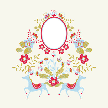 Vector symmetrical illustration with folklore elements. fabulous horses, flowers and plants in a decorative composition. Russian and Slavic folk artのイラスト素材