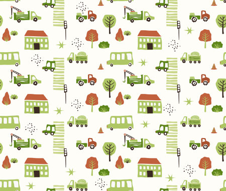 Vector seamless pattern with cars on the road in the city. Cartoon background for boys and girls. Childrens hand drawn wallpaperのイラスト素材