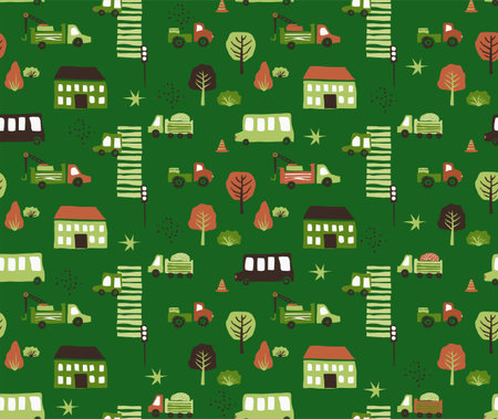 Vector seamless pattern with cars on the road in the city. Cartoon background for boys and girls. Childrens hand drawn wallpaperのイラスト素材