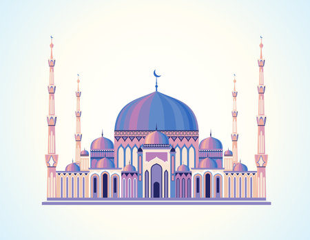 Beautiful and fabulous Muslim temple mosque. Vector graphics of oriental architecture. Arab national traditions. Building for believers and religious peopleのイラスト素材