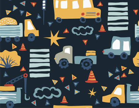 Vector seamless pattern with cars on the road in the city. Cartoon background for boys and girls. Childrens hand drawn wallpaperのイラスト素材