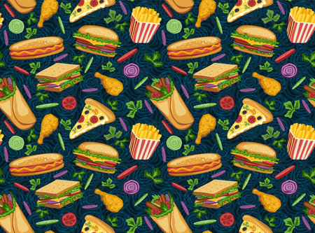 Vector seamless pattern with fast food food items. Hamburgers, cheeseburgers, rolls, sandwich, fries, tomatoes, onions, cucumbers and meat. Harmful, unhealthy dietのイラスト素材