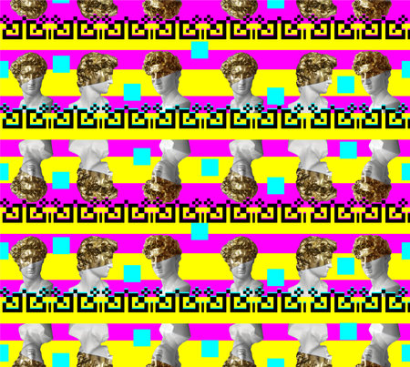 Seamless pattern with trendy geometric ornaments and plaster busts of Apollo in white and gold...