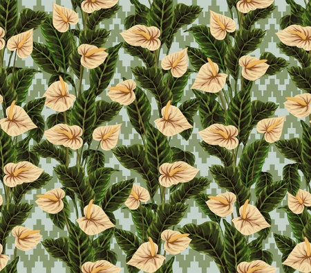 Seamless pattern of gouache-painted leaves of Hawaiian herbs and trees. Trending botanical background with tropical plantsの写真素材