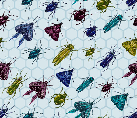 Seamless pattern of beetles, butterflies and moths drawn in gouache. Trending botanical background with various insects. Wild animals in pattern for textiles and typographyの写真素材