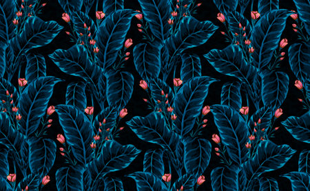 Seamless pattern of gouache-painted leaves of Hawaiian herbs and trees. Trending botanical background with tropical plantsの写真素材