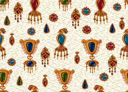 Vintage jewelry precious stones in a seamless pattern. Background with brooch, earrings and antiques from minerals and metalの写真素材