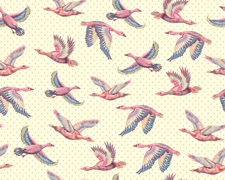 Textured background with ducks and geese flying in the sky. Seamless pattern with hand-drawn large birds. Print for fabrics and paperの写真素材