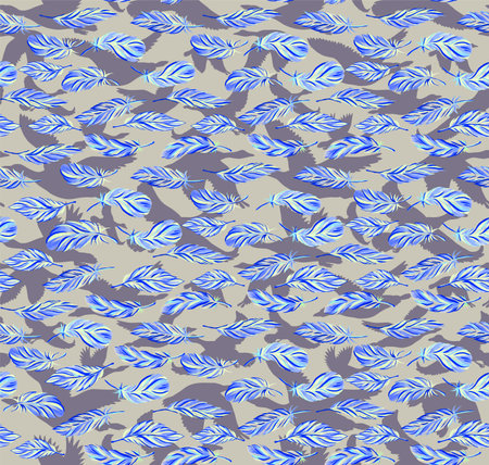 Textured background with feathers of different birds. Seamless pattern with hand-drawn feathers. Print for fabrics and paperの写真素材