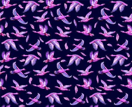 Textured background with ducks and geese flying in the sky. Seamless pattern with hand-drawn large birds. Print for fabrics and paperの写真素材