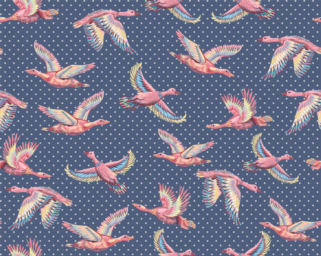 Textured background with ducks and geese flying in the sky. Seamless pattern with hand-drawn large birds. Print for fabrics and paperの写真素材