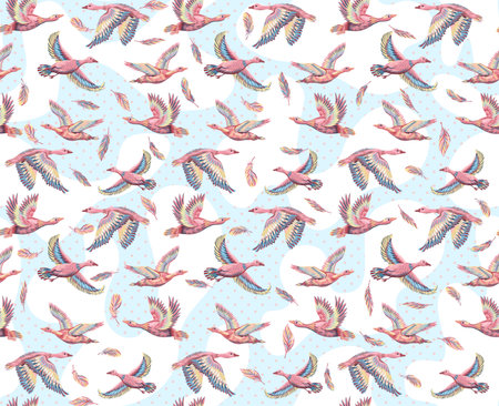 Textured background with ducks and geese flying in the sky. Seamless pattern with hand-drawn large birds. Print for fabrics and paperの写真素材